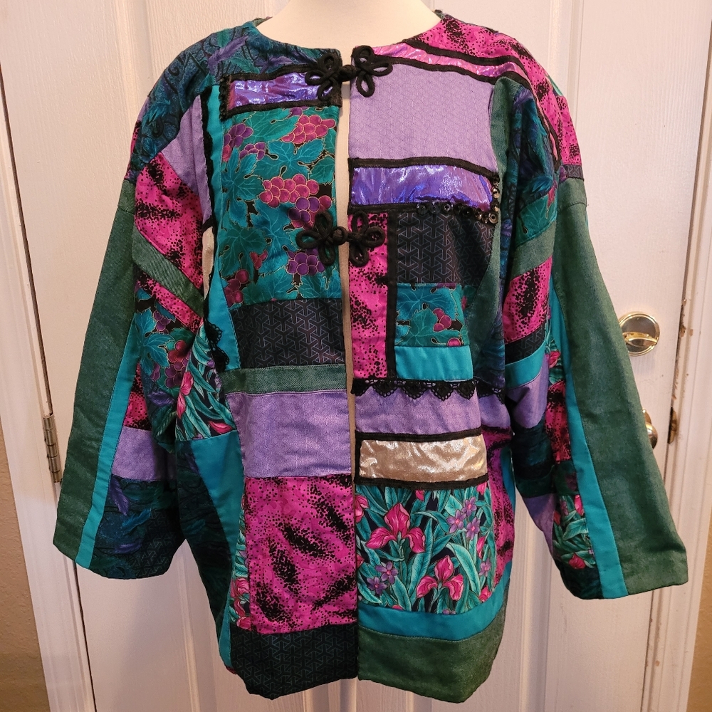 Vintage quilt jacket quilted retro colorful floral  pink green large cottagecore